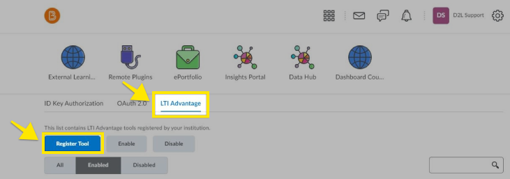 Brightspace LTI® advantage register tool button