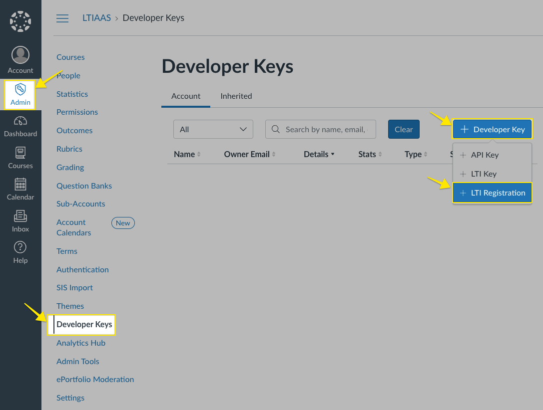 Canvas add LTI® Registration button inside admin menu