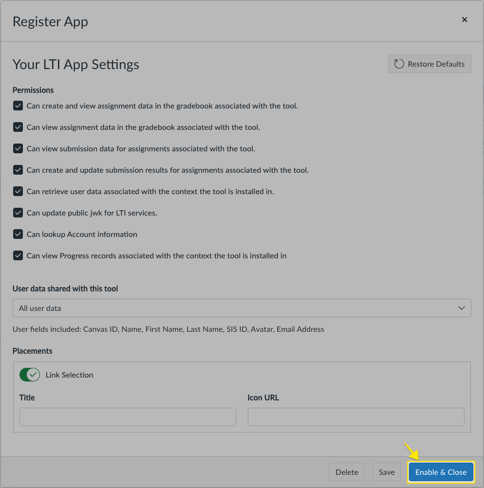 Canvas dynamic registration settings