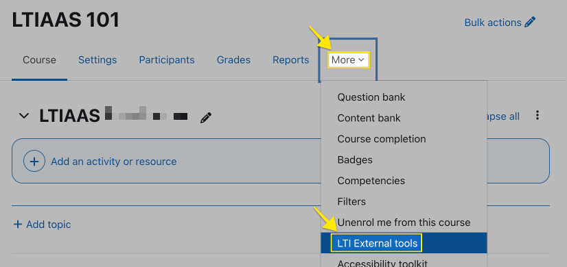 LTI® External Tools menu item within a Moodle course