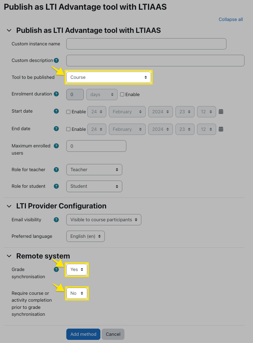 Publish LTI® Advantage tool with LTIAAS settings with "Tool to be published" and grades settings highlighted